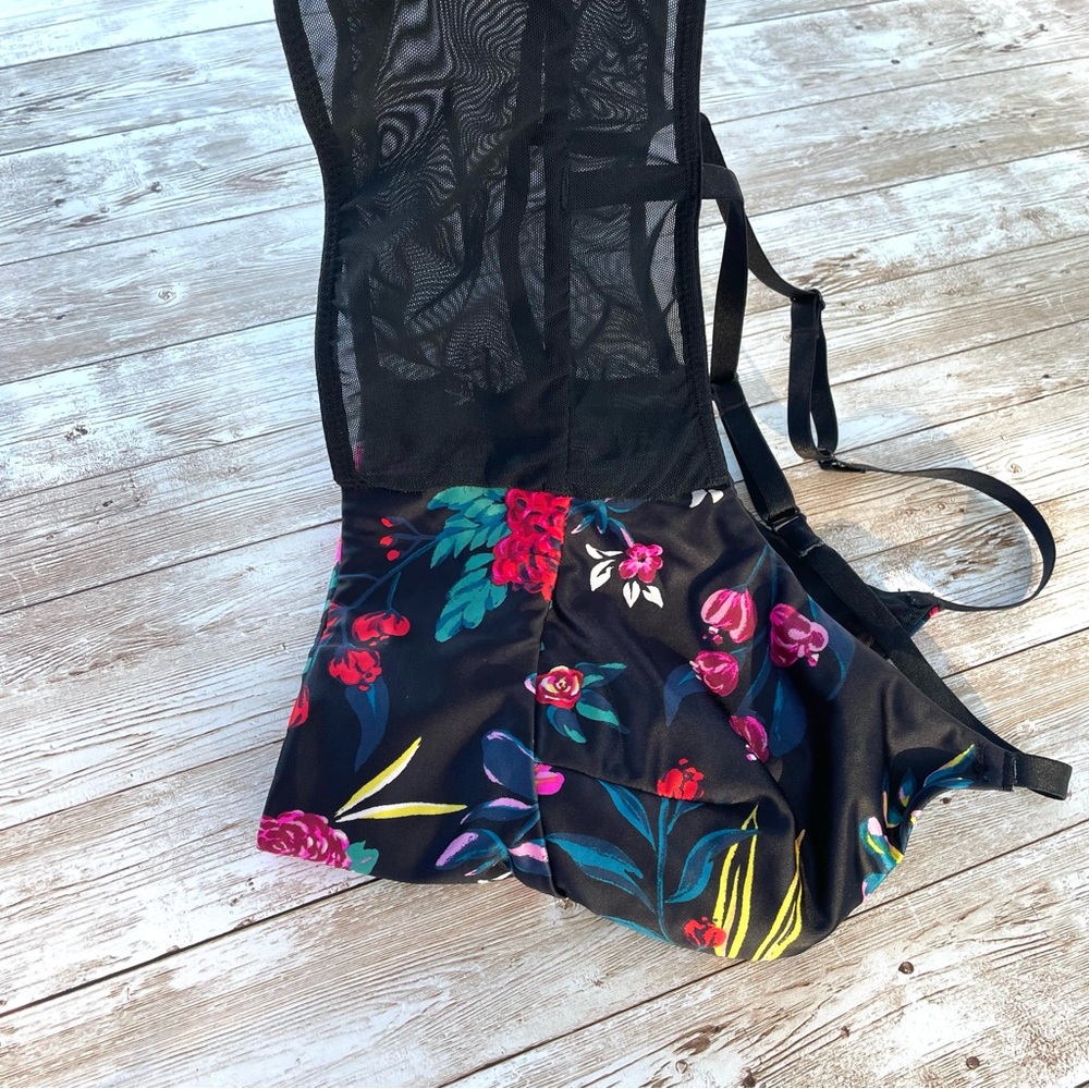 Satin and Fine Mesh Black Bralette Tropical Floral Print Longline Crop Small GUC - Picture 6 of 10
